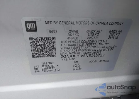 2022 Chevrolet Equinox Fwd 2Fl из США, поврежденный, VIN 2GNAXJEV6N6145723